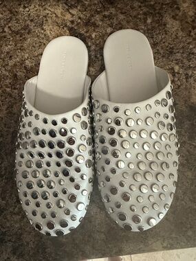Tory Burch White Leather Slide Mules with Silver Studs